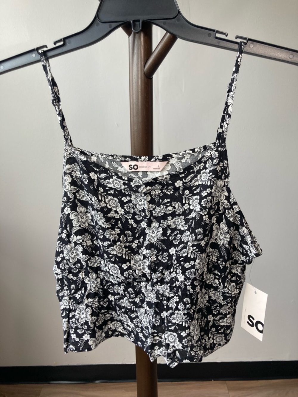 So crop top floral print cropped cinch waist tank black white boho L jrs - Picture 9 of 17